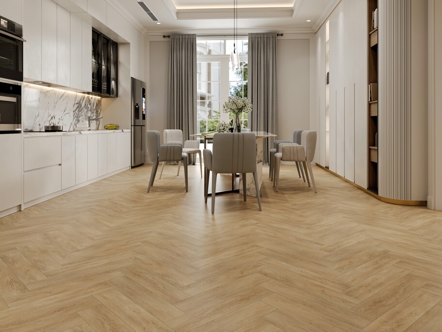 Кварцвиниловый SPC ламинат Evofloor Parguet Click Oak Sand Дуб Песочный HP 0090 венгерская елка 600×125×4 фото в интерьере